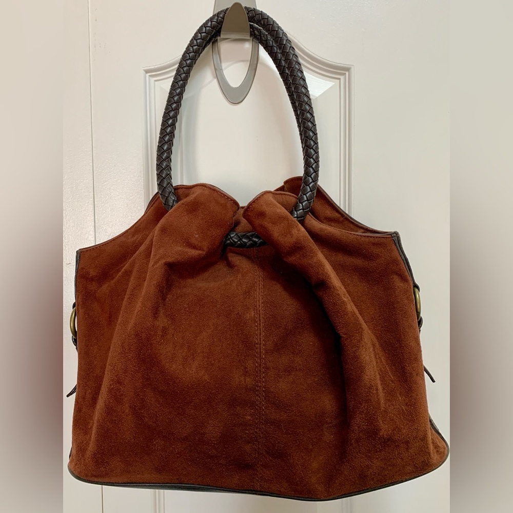 Nine West Burgundy Brown Faux Suede Hobo Woven Round Handles Fabric Lined